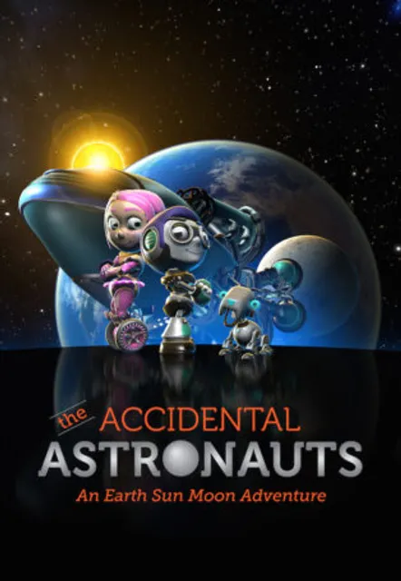 Film poster for Accidental Astronauts with cartoon figures of astronauts standing in front of a world.