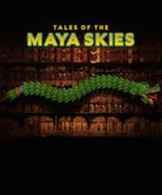 A green snake in front of a mayan stone wall with the poster text title at the top reading Tales of the Maya Skies