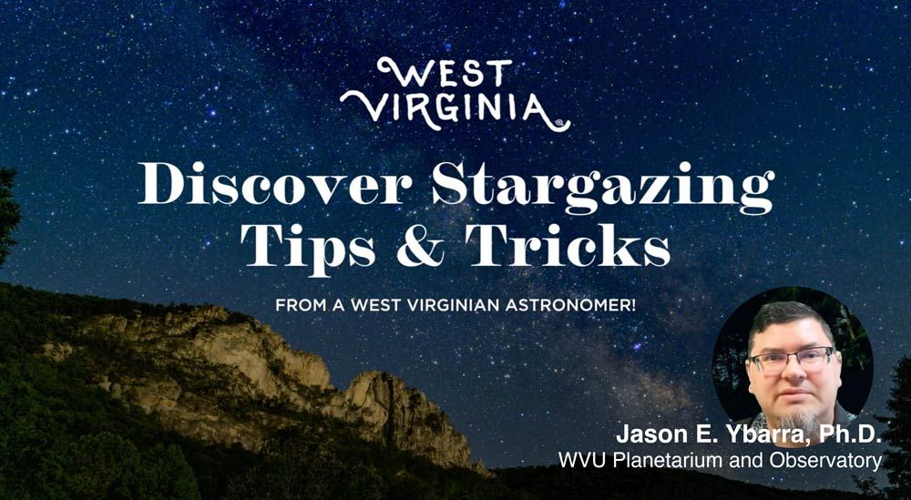 Screenshot from youtube video that reads "Discover Starging Tips and Tricks from a West Virginian Astronomer!". A picture of Jason Ybarra is in the lower right corner. 