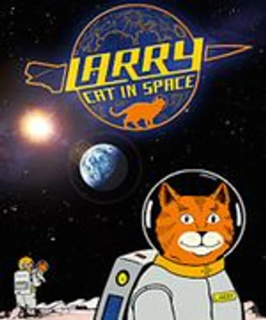 A cartoon image of a cat in an astronaut suit standing on the moon with a small earth and sun in the background.