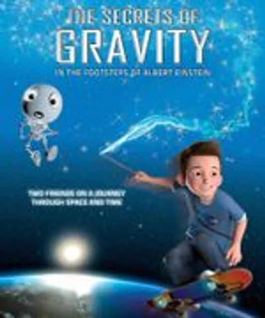 A cartoon of a boy on a skate board carrying a magician's want and a little alien character soar through the skies over the earth