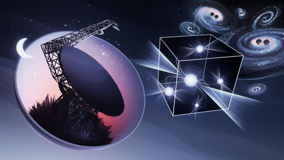 Radio telescope showing gravitational waves illustration in the background