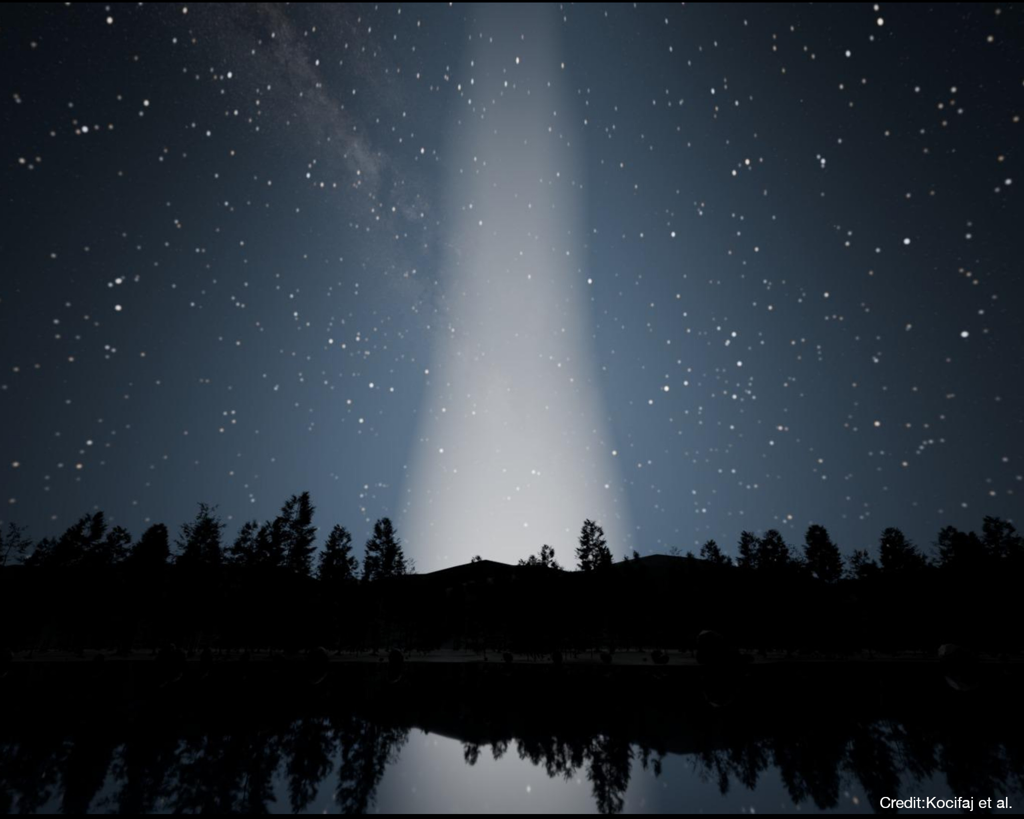 Image of the night sky with a very visible beam at the center of the image