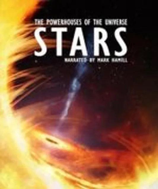 Poster with STARS in big letter and a swirling cloud around a stream of light to depict a pulsar.